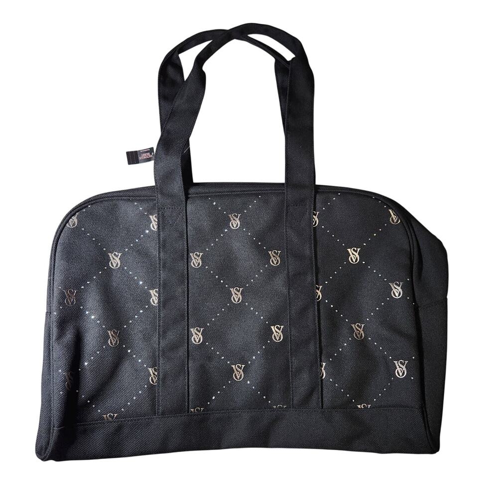 NWT Victoria's Secret Black Canvas Sparkle Bling Zip Weekender Tote Bag